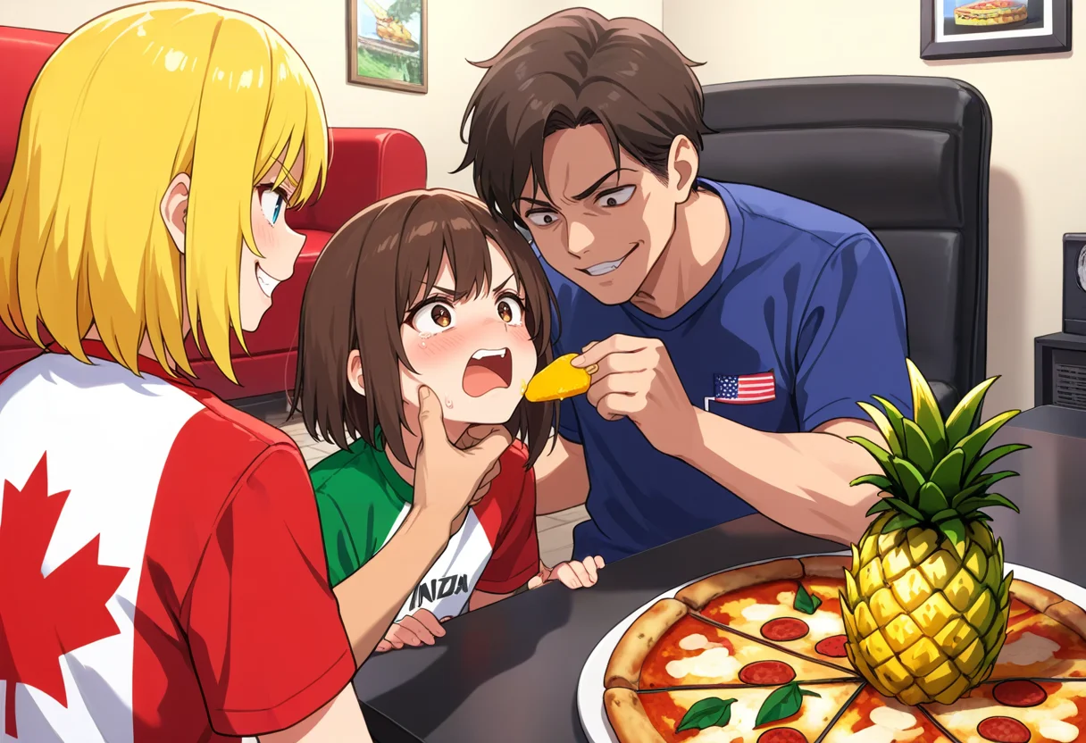 (masterpiece, best quality, high quality, good quality),3boys,food,pizza,indoors,on pizza,pineapple,how to torture an italian \(meme\),
BREAK canada,canadian flag,evil smile,blonde hair,
BREAK italy,italian flag,angry,open mouth,grabbing another's chin,
BREAK america,american flag,evil smile,brown hair,<lora:Pizza_World_Morph_SDXL:0.5>,
