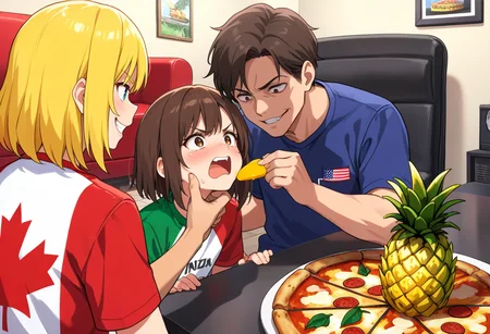 (masterpiece, best quality, high quality, good quality),3boys,food,pizza,indoors,on pizza,pineapple,how to torture an italian \(meme\),
BREAK canada,canadian flag,evil smile,blonde hair,
BREAK italy,italian flag,angry,open mouth,grabbing another's chin,
BREAK america,american flag,evil smile,brown hair,<lora:Pizza_World_Morph_SDXL:0.5>,
