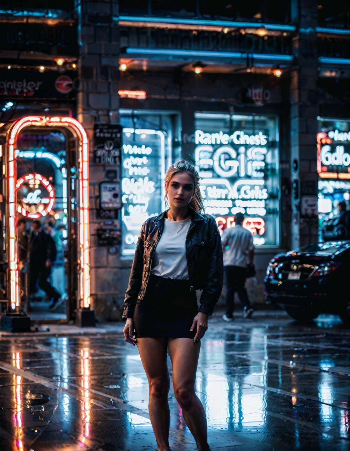 (real life, cinematic, 1girl, cute, gorgeous blonde white 18yo girl, ponytail, alluring face, sexy, makeup, (wide hips, big ass), pencil skirt), dynamic pose, score_7_up, score_8_up, score_9_up, detailed beautiful futuristic cityscape, bloom, rim lighting, <lora:Beautiful face_alpha1.0_rank4_noxattn_last:.78>, <lora:Neon_Scene:0.88> neonscene, reflection, glowing, neon light everywhere, neon lights, neon light streaks, darkness, noise offset, wet ground, light reflection, neon sign text "GIRLS"