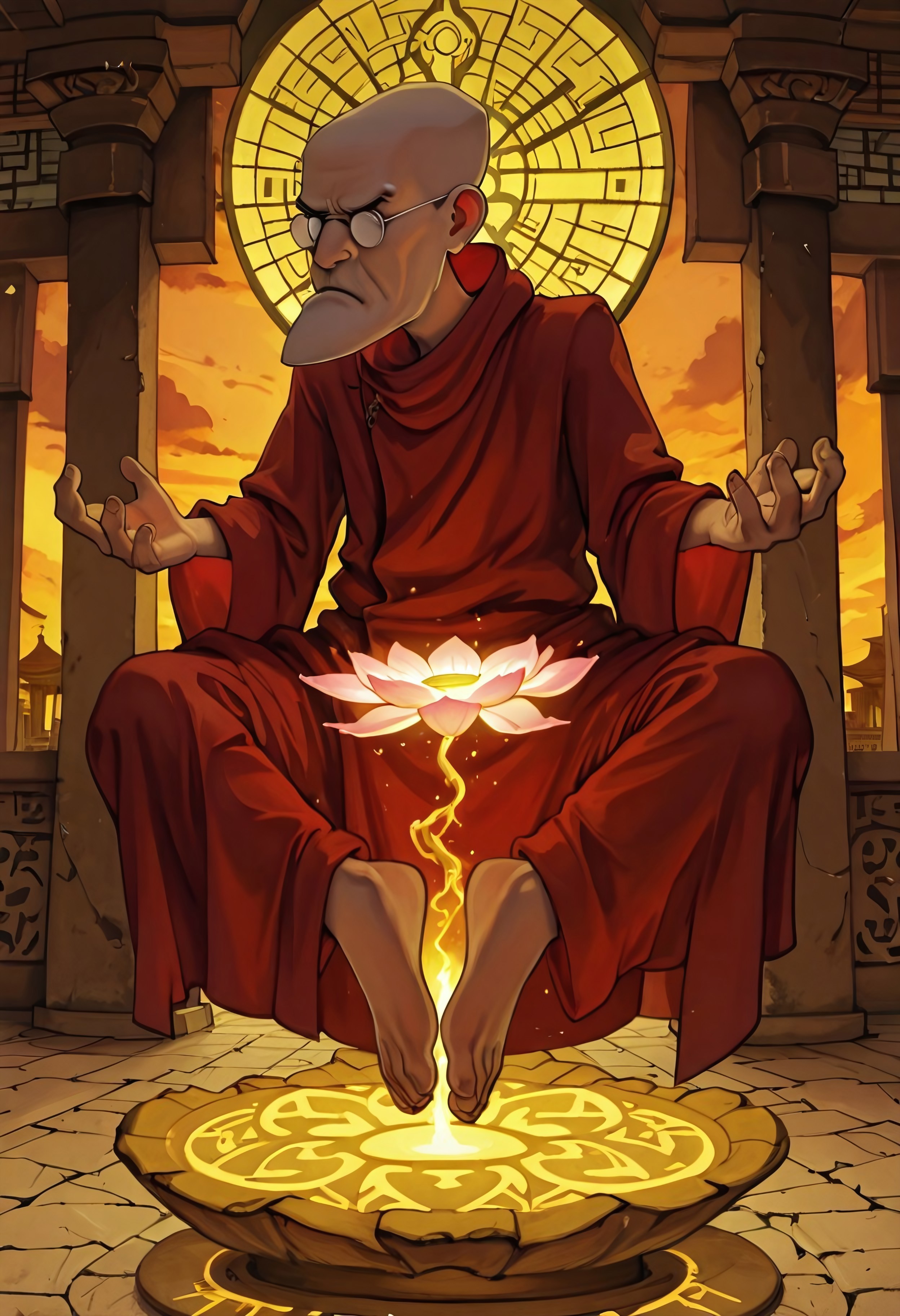Masterpiece, best quality, highest quality, absurdres, realistic, solo, Eustace, Bagge, glasses, red Buddhist monk robe, grumpy expression, meditating, lotus position, levitating, hovering above ground, enveloped in energy, glowing chakras,  detailed background, no hat, Buddhist temple background, sunset, A3THER