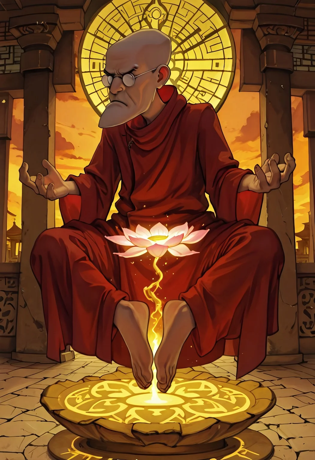 Masterpiece, best quality, highest quality, absurdres, realistic, solo, Eustace, Bagge, glasses, red Buddhist monk robe, grumpy expression, meditating, lotus position, levitating, hovering above ground, enveloped in energy, glowing chakras, detailed background, no hat, Buddhist temple background, sunset, A3THER