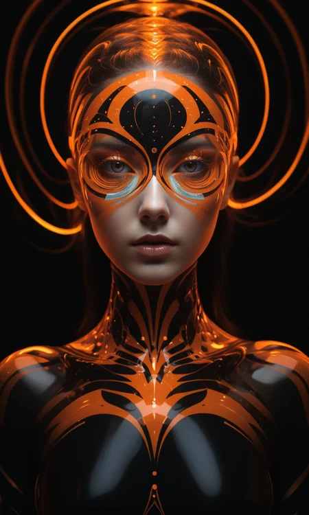 Inspired by the avant-garde styles of Kurt Roesch, this digital portrait reimagines a woman's countenance as a gateway to a parallel universe, where colors and forms converge in a mesmerizing ballet of energy, In a digital tapestry of orange and black hues, a human form is transfigured into a cosmic arena, where the forces of order and chaos, light and darkness, engage in an eternal struggle for dominance, echoing the pioneering works of Mike Winkelmann, This digital artwork presents a portrait as a canvas for unbridled artistic expression, fragmenting and reassembling features in a dizzying array of geometric shapes and luminous fractals, defying the conventions of traditional representation, A riot of orange and black hues swirls across the digital canvas, forming an intricate, fractal pattern that seems to pulse with an almost tangible sense of energy, as if the pixels themselves were alive and writhing with uncontainable vitality
