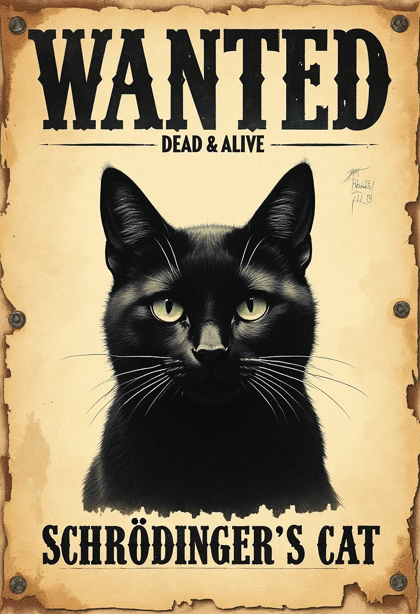 A stylized vintage 'wanted' poster with a rugged, weathered texture. The text at the top reads "WANTED" in large, bold, uppercase black letters. Below it, in slightly smaller text, it says "DEAD & ALIVE," with a distressed font. Under the text, there is a black silhouette of a cat's head with pointy ears, wide-open eyes, and sharp features. The cat's body is not fully visible, with the head being the central focus. At the bottom of the poster, in large bold letters, it reads "SCHRÖDINGER'S CAT" in a similar distressed black font. The entire poster has a torn paper appearance, with four visible metal rivets, one in each corner, securing it to a surface. The background is beige, adding to the worn, aged look. <lora:FluxDFaeTasticDetails:0.83> <lora:sxz-Dark-Fantasy-v2-Flux:0.66> drkfnts style,