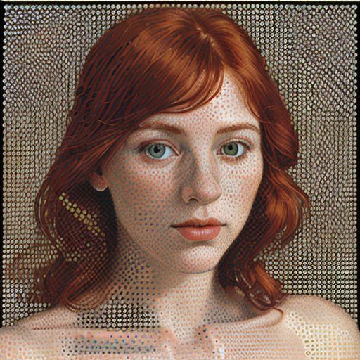 ctmpr34l artstyle, portrait of redhead woman, breasts, in the style of chuck close, pointillist optical illusions, intricate pointillism, early computer art, stenciled iconography, fine detailed