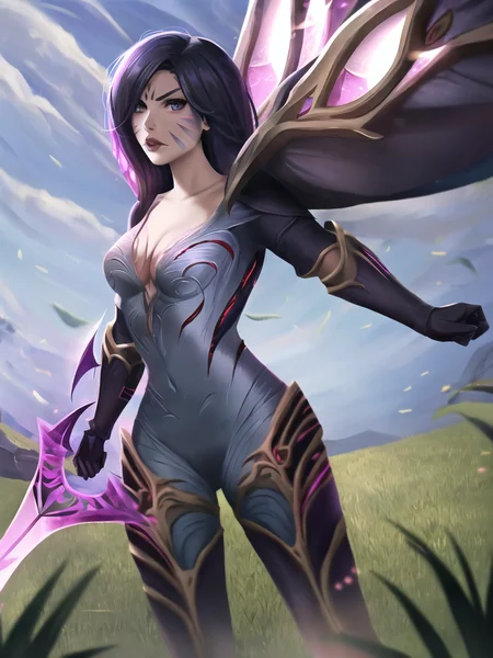 grass, sky, field, kai'sa, league of legends, 1girl, looking at viewer, breasts, solo, medium breasts, long hair, facial mark, bodysuit, skintight, cleavage, black hair, cowboy shot, collarbone, parted lips, weapon, void wings <lora:kaisa-000034:1>