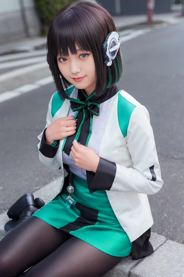 1girl,  izu, izu_uniform, humagear, humagear_headset, headphone, realistic, skirt, jacket, solo, sitting, best quality, photorealistic, masterpiece, 8k, high res, solo,  (((woman))), (medium breast), ((look_at_viewer)), (look_at_camera:1), (short hair), bob hair, (professional lighting, bokeh),top angle view, extremely detailed face,  fashionable and trendy atmosphere, japan, street, tokyo,  factory, ((daytime)), (portrait:0.6), seductive smile,  gorgeous, floating hair, (light particles, lens flare, glowing particles:0.6), (dynamic pose:1.2), soft lighting, black hair,  full body, smile, camera,  blue eye, pantyhose, black nail,  close up, <lora:Izu:0.7>