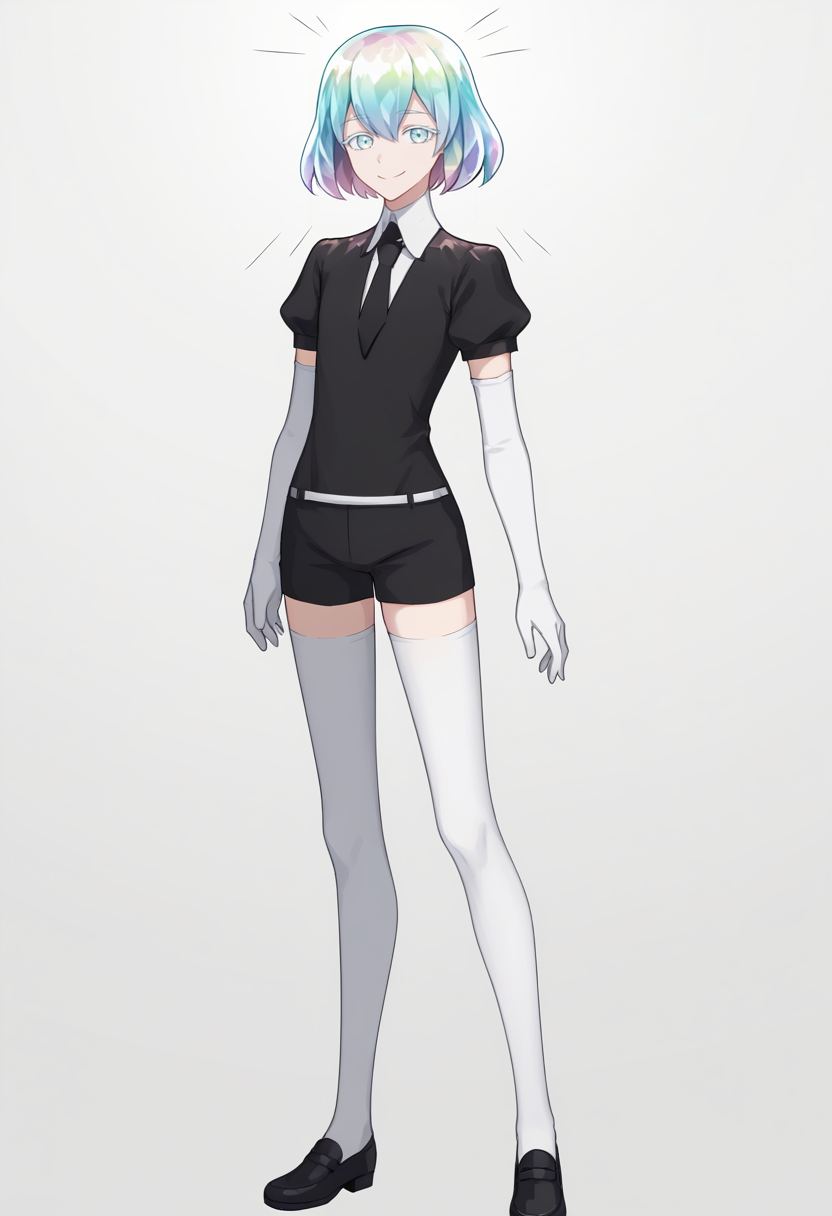 score_9, score_7_up, source_anime, simple background, white background, solo, 1girl, hskdmnd, smile, looking at viewer, standing, crystal hair, colored eyelashes, multicolored hair, short hair, black shirt, puffy short sleeves, collared shirt, black necktie, elbow gloves, white gloves, black shorts, white thighhighs, black footwear <lora:style_caststation_ponyXL-000030:1> <lora:Hoseki_HousekiNoKuni_Diamond_PDXL_v1:1>