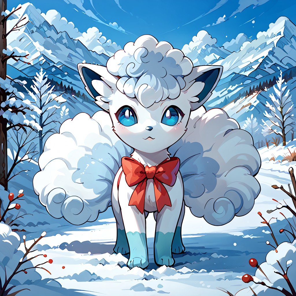 WOMAN, Furry, White Fur, 1girl, Solo, Cute, Fur Pawn, , score_10, score_9_up, score_8_up, alolan_vulpix, blue eyes, feral, snow, bow, outdoor, clothed animal