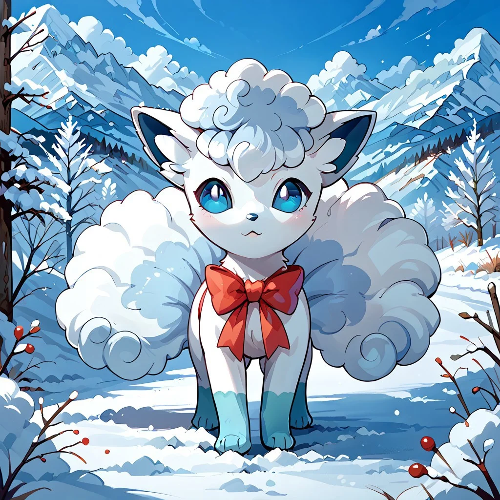 WOMAN, Furry, White Fur, 1girl, Solo, Cute, Fur Pawn, , score_10, score_9_up, score_8_up, alolan_vulpix, blue eyes, feral, snow, bow, outdoor, clothed animal