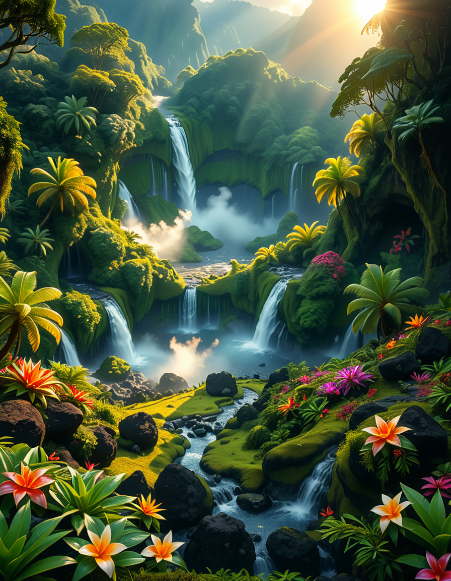 A breathtaking view of an ancient, dormant volcano now transformed into a lush, vibrant natural sanctuary. The crater is filled with dense tropical forests, colorful exotic flowers, cascading waterfalls, and mist swirling gently in the morning light. Vines and moss cover the dark volcanic rocks, and small streams wind down the slopes. while rays of sunlight pierce through the dense canopy, creating sparkling reflections on the water. The atmosphere feels peaceful, enchanted, and untouched by humans. The scene is depicted in an ultra-detailed, hyper-realistic style, with warm, soft lighting and rich, saturated colors that enhance the magical and serene mood of the landscape.
<lora:SDXLFaeTastic2400:0.4> <lora:extremely_detailed:0.4> extremely detailed, <lora:dormant_v0lc4n0:1>,dormant v0lc4n0, Masterpiece,best quality,hi res,8k,hi res,8k,award winning,(sharp focus, intricate, highly detailed),