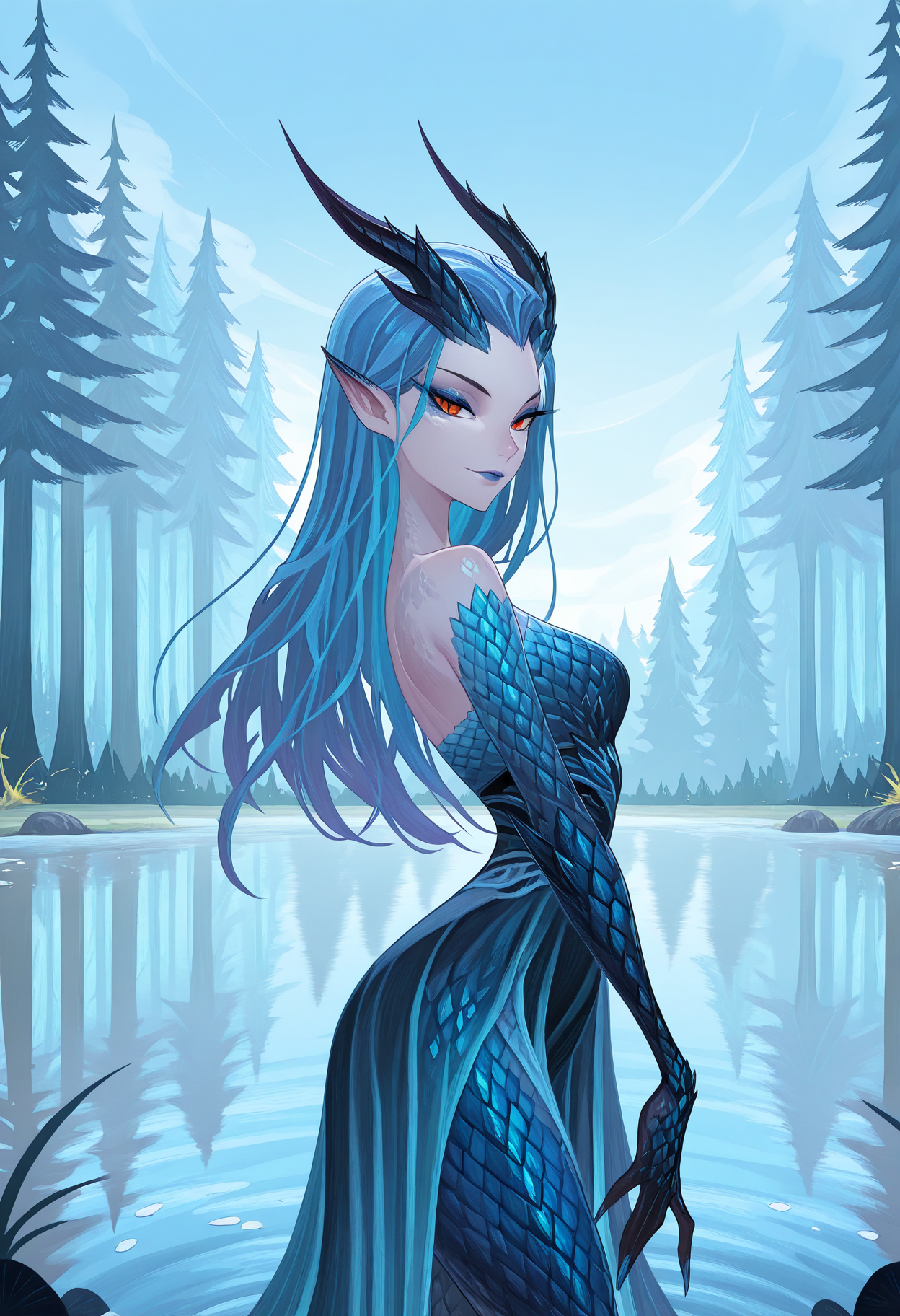 masterpiece, best quality, amazing quality, 1girl,,
aorun, scales, dress,,   sky,makeup, bare shoulders, pointy ears, cowboy shot, pond, forest, glade, looking at viewer,
<lora:aorunIllstrious:1>, <lora:afkArenaIllustrious:1> afkArenaStyle