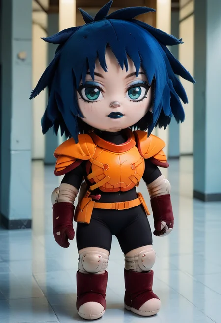 1girl, solo, full body, cowboy shot, standing , looking at viewer, green eyes, angular face, shag, deep blue hair, black bodysuit, orange breastplate, orange shoulders armor, knee pads, elbow pads
, brown gloves, makeup, inside firestation , boots, <lora:Kylie_GriffinPony_64V3:1>, <lora:woafu_plushify_pony:0.7> plushify, character stuffed toy, chibi, score_9, score_8_up, score_7_up,