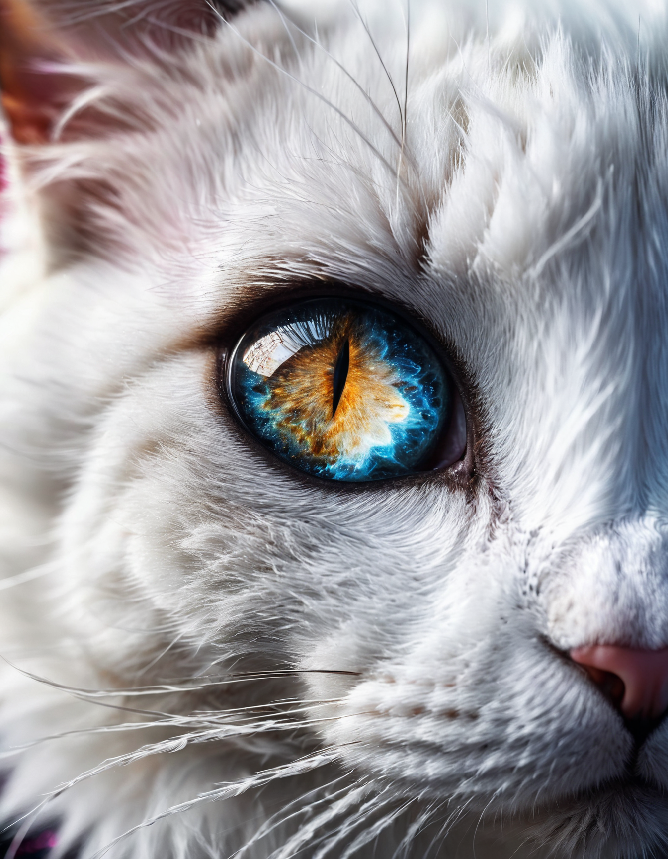 Micro shot, Extreme closeup shot, galaxy nebula inside the cat eye, white fur, extremely detailed, detailed patterns, real textures, dark shadows, high contrast, vignette, film grain, <lora:add-detail-xl:1>, <lora:MJ52:0.3>, <lora:xl_more_art-full_v1:0.3>