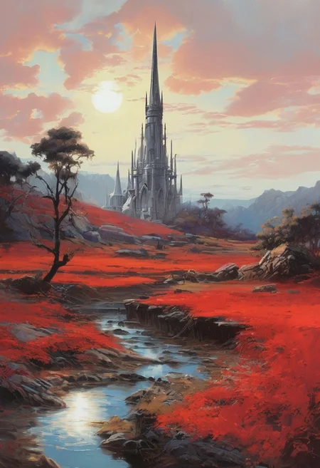 (landscape in the style of Roger Dean:1.4), (single slender towering spire with graceful curves arching up into the sky:1.9), (Rodney Matthews:1.3), closeup on a princess in a red flowing gown, high contrast, (chiaroscuro:1.5), <lora:add-detail-xl:0.75>, <lora:xl_more_art-full_v1:0.5>
