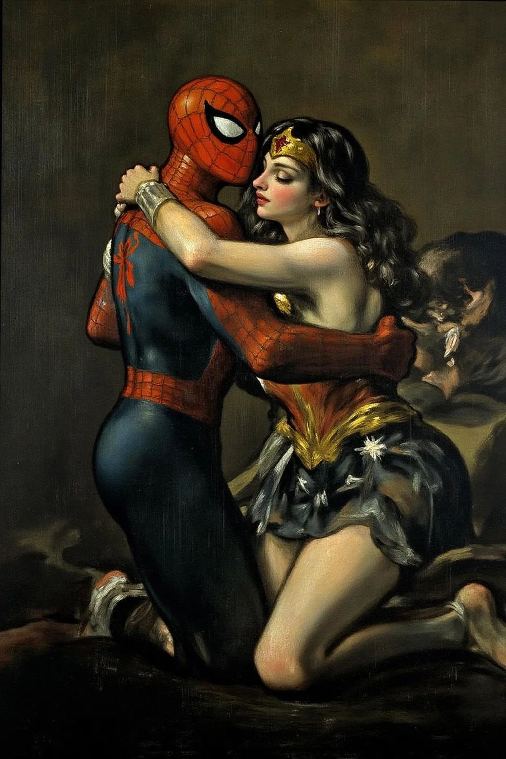 g0ya1 painting of Spider-man and Wonder Woman embracing in the rain  <lora:g0ya2_cap_d6a3e12:1.0><lora:823864144580300586:0>