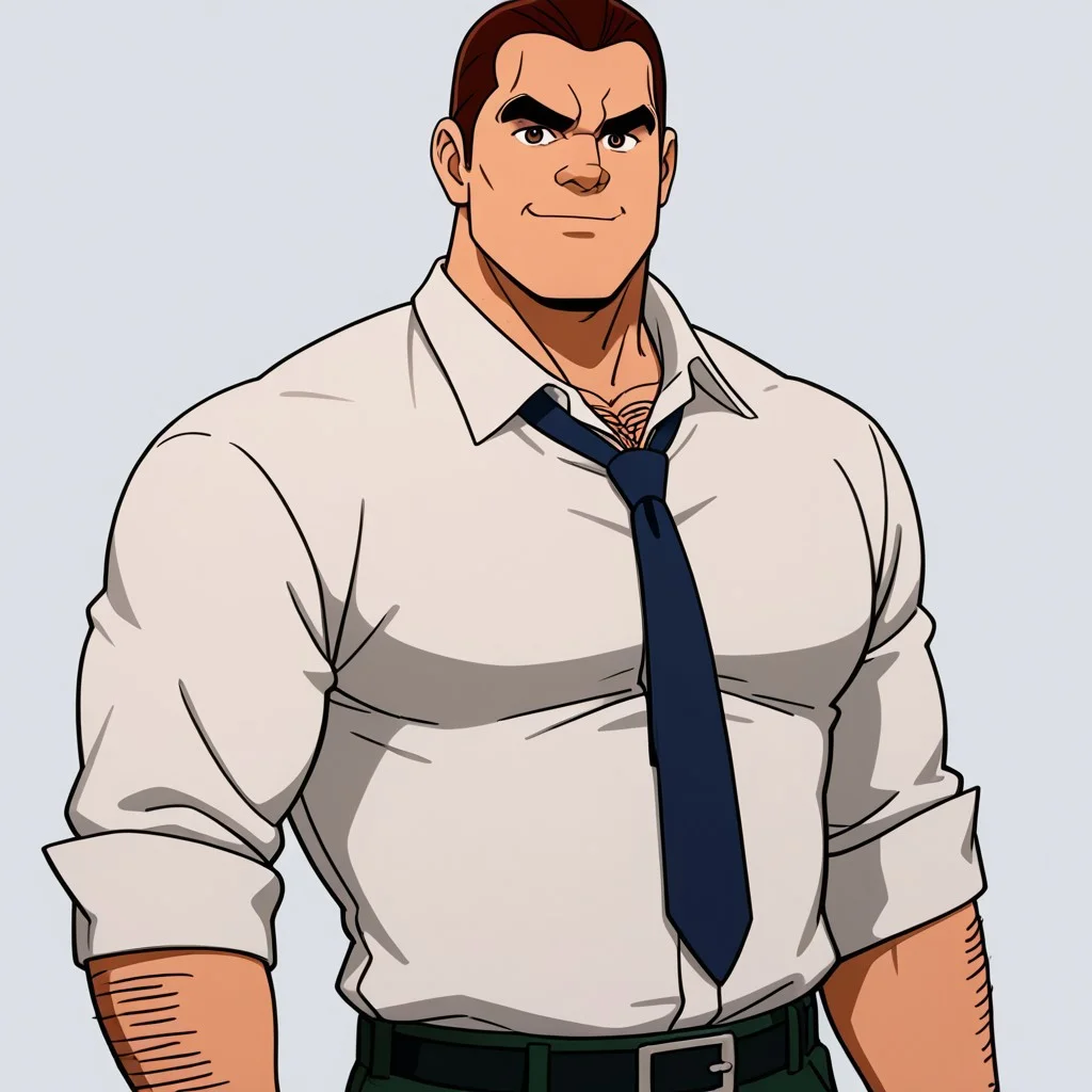 Score_9, cartoon style, 2D, Rick Buck, 30s, 1man, solo, mature man, broad shoulders, wide torso, short Brown buzz hair, hairy, thick eyebrows, brown eyes, white shirt, dark green pants, dark blue tie, black belt, looking at viewer, smirking, white background, standing