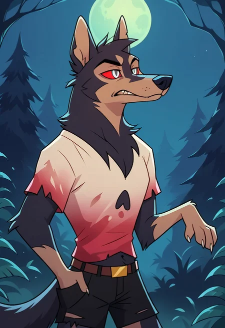SCORE_9, SCORE_8_UP, SOURCE_FURRY, BREAK, SOLO, HOUNDSONA, SILVER EYES, RED SCLERA, MALE, FURRY, BLACK FUR, FERAL, WILD HAIR, RUGGED, SHREDED SHIRT, RIPPED SHORTS, BREAK, NIGHT, DARK FOREST, HIGH RESOLUTION, VIVID TEXTURES, DETAILED PUPILS