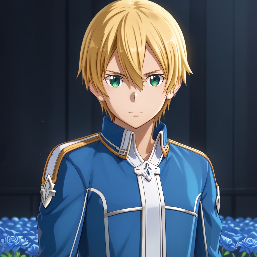 sword art online, 1boy, eugeo, blonde hair, green eyes, short hair, blue jacket, collared jacket, looking at viewer, upper body, blue rose, hair between eyes, male focus, portrait, blue rose sword, holding weapon, sword