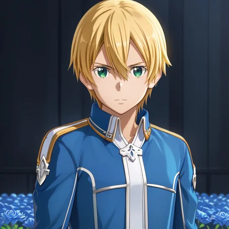 sword art online, 1boy, eugeo, blonde hair, green eyes, short hair, blue jacket, collared jacket, looking at viewer, upper body, blue rose, hair between eyes, male focus, portrait, blue rose sword, holding weapon, sword