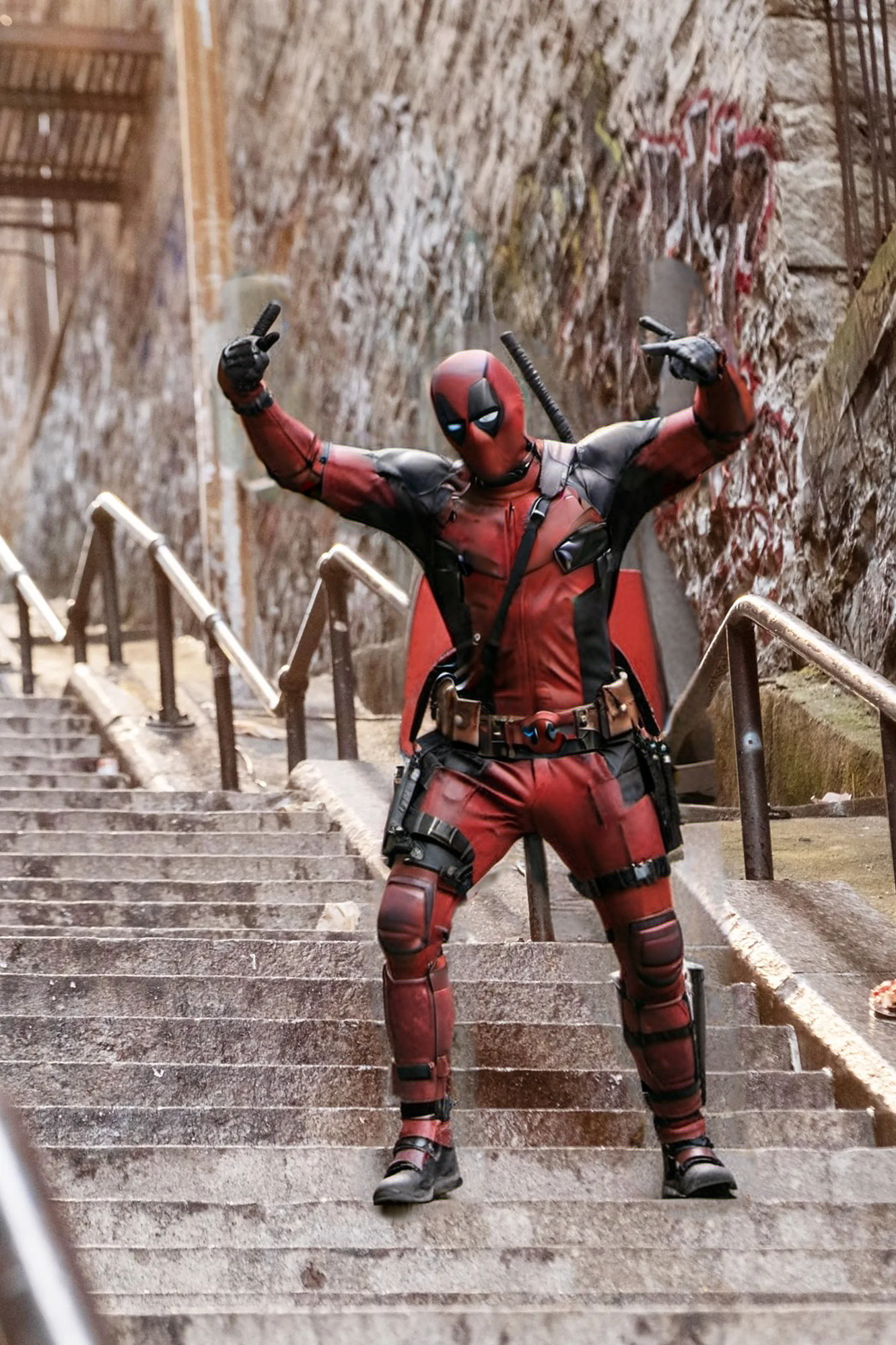 cinematic photo, Deadpool1024, a man is standing on a set of stairs with his arms in the air and his hands in the air,  . 35mm photograph, film, bokeh, professional, 4k, highly detailed <lora:Deadpool1024-000280:0.9>