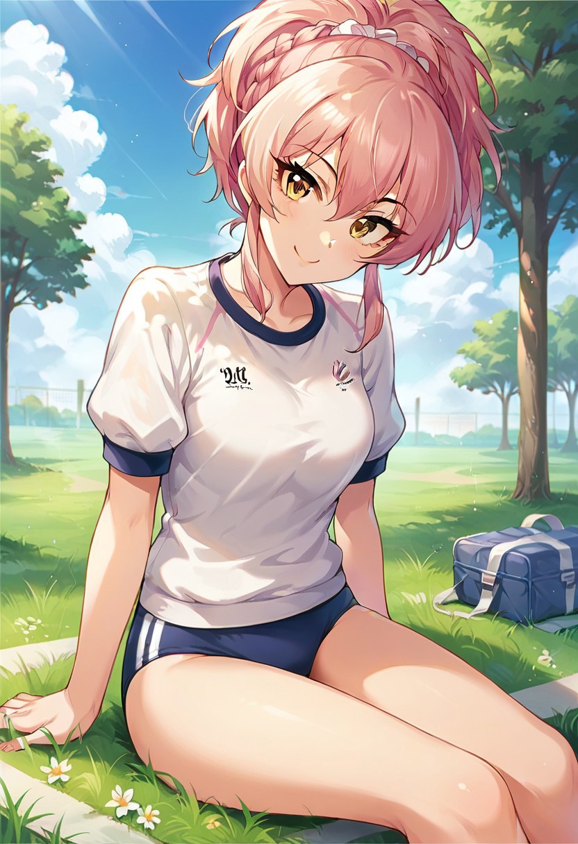 score_9, score_8_up, score_7_up, source_anime,jougasaki mika, yellow eyes, pink hair, outdoors, smile, grass, 1girl, looking at viewer, gym uniform, buruma, sitting, ponytail, tree, braid, day