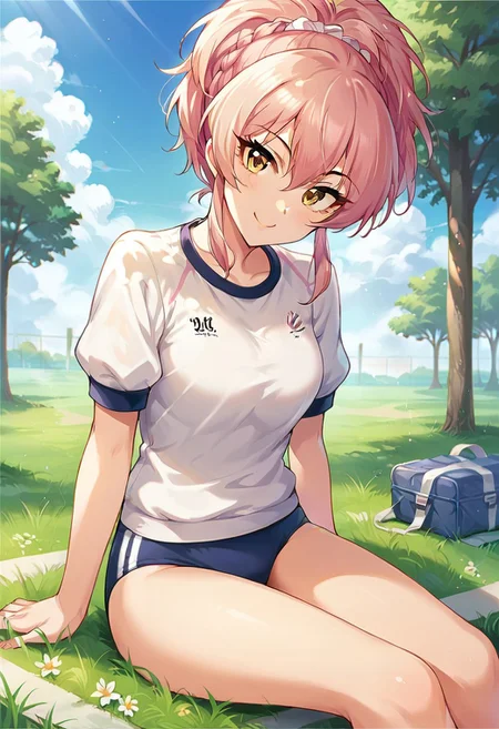 score_9, score_8_up, score_7_up, source_anime,jougasaki mika, yellow eyes, pink hair, outdoors, smile, grass, 1girl, looking at viewer, gym uniform, buruma, sitting, ponytail, tree, braid, day