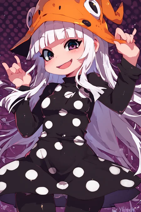 score_9, score_8_up, score_8, medium breasts, (curvy), cute, eyelashes, BREAK, , zzEruka, black eyes, white hair, blunt bangs, long hair, orange hat, polka dot dress, black dress, black sleeves, pantyhose, <lora:ErukaFrog_SoulEater_PDXL_v2:1.0>, , BREAK, smile, looking at viewer, cowboy shot, ,,, embedding:zPDXL, Expressiveh, ,,, <lora:Zankuro_Style_PDXL:0.8> <lora:SDXLFaeTastic2400:0.5>, <lora:Expressive_H-000001:0.4>,