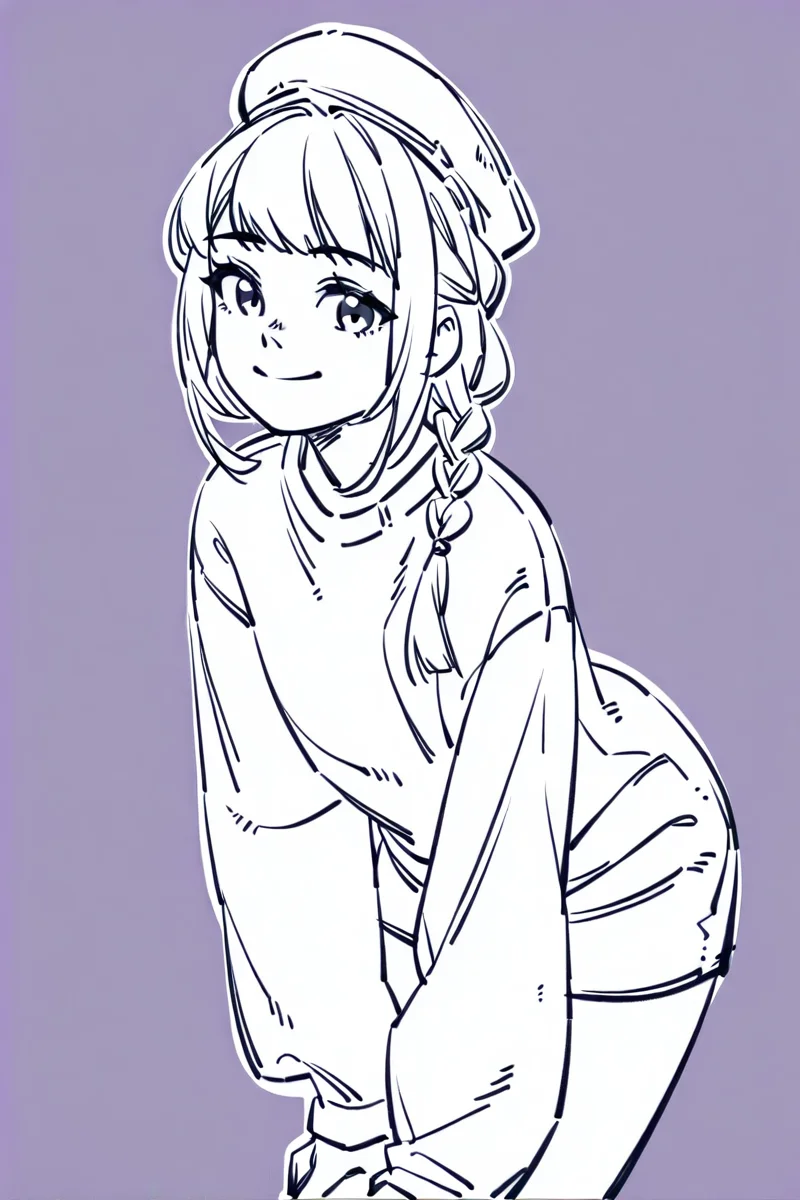<lora:Sktchst_IL:1> sktchst, 1girl, solo, hat, braid, looking at viewer, monochrome, smile, bangs, sweater, purple background, long sleeves, simple background, closed mouth, leaning forward