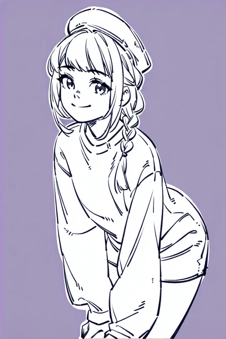 <lora:Sktchst_IL:1> sktchst, 1girl, solo, hat, braid, looking at viewer, monochrome, smile, bangs, sweater, purple background, long sleeves, simple background, closed mouth, leaning forward