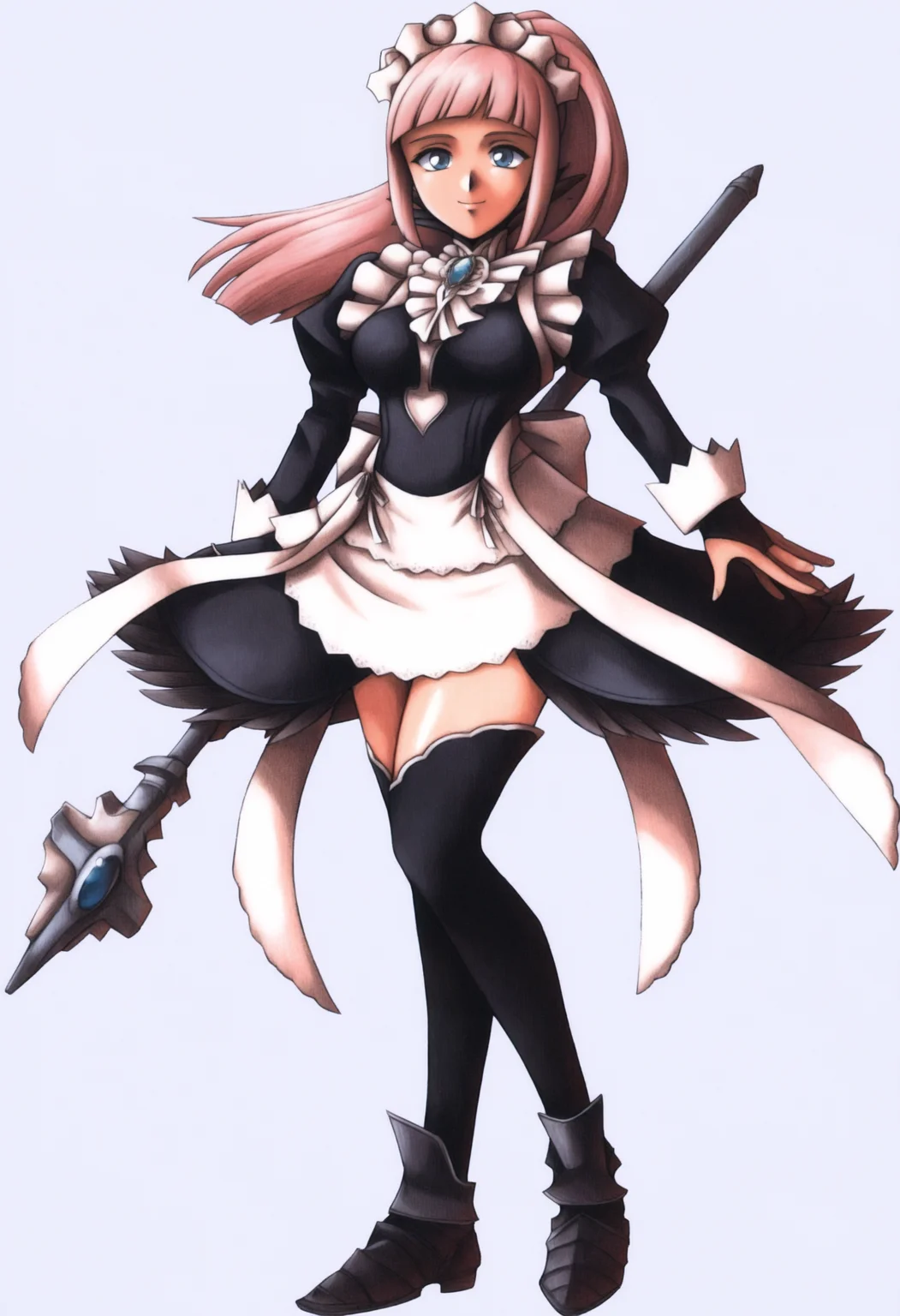 masterpiece, best quality, solo, 1girl, smile, looking at viewer, <lora:FF7-Offical-Art-illus_Fp:1>, 1990s \(style\), simple background, full body, , <lora:felicia-fe-richy-v1_ixl:1>, f1cdf, blue eyes, pink hair, long hair, ponytail, sidelocks, blunt bangs, maid headdress, black feathered collar, blue brooch, medium breasts, maid, juliet sleeves, maid apron, bridal gauntlets, black thighhighs, thighs, holding staff,