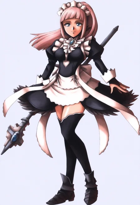 masterpiece, best quality, solo, 1girl, smile, looking at viewer, <lora:FF7-Offical-Art-illus_Fp:1>, 1990s \(style\), simple background, full body, , <lora:felicia-fe-richy-v1_ixl:1>, f1cdf, blue eyes, pink hair, long hair, ponytail, sidelocks, blunt bangs, maid headdress, black feathered collar, blue brooch, medium breasts, maid, juliet sleeves, maid apron, bridal gauntlets, black thighhighs, thighs, holding staff,