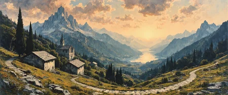 A breathtaking watercolor painting capturing Andorran Pyrenees bathed in golden alpenglow at sunset. Majestic jagged peaks rise dramatically against a sky swirled with amber, violet and coral hues. Ancient stone villages with Romanesque church towers nestle in verdant valleys, surrounded by pine forests and alpine meadows dotted with vibrant wildflowers. Crystalline mountain lakes reflect the fiery sky, creating perfect mirror images of the surrounding peaks. Rocky outcrops and glacial formations create dramatic shadows across snow-dusted summits. Traditional shepherd huts with slate roofs blend harmoniously into the landscape. The foreground features a winding mountain path bordered by blooming gentians and edelweiss. A distant waterfall cascades down steep granite cliffs. Atmospheric perspective creates layers of mountains fading into misty blue distances. Hyper-detailed brushwork captures the texture of rock, stone, and vegetation in this 8K photorealistic rendering of Andorra's pristine alpine wilderness. <lora:Mezzotint_Artstyle_for_Flux_-_by_Ethanar:0.8> <lora:Illustration concept V1:0.6> <lora:CPA:0.1> <lora:flux_dev:1>