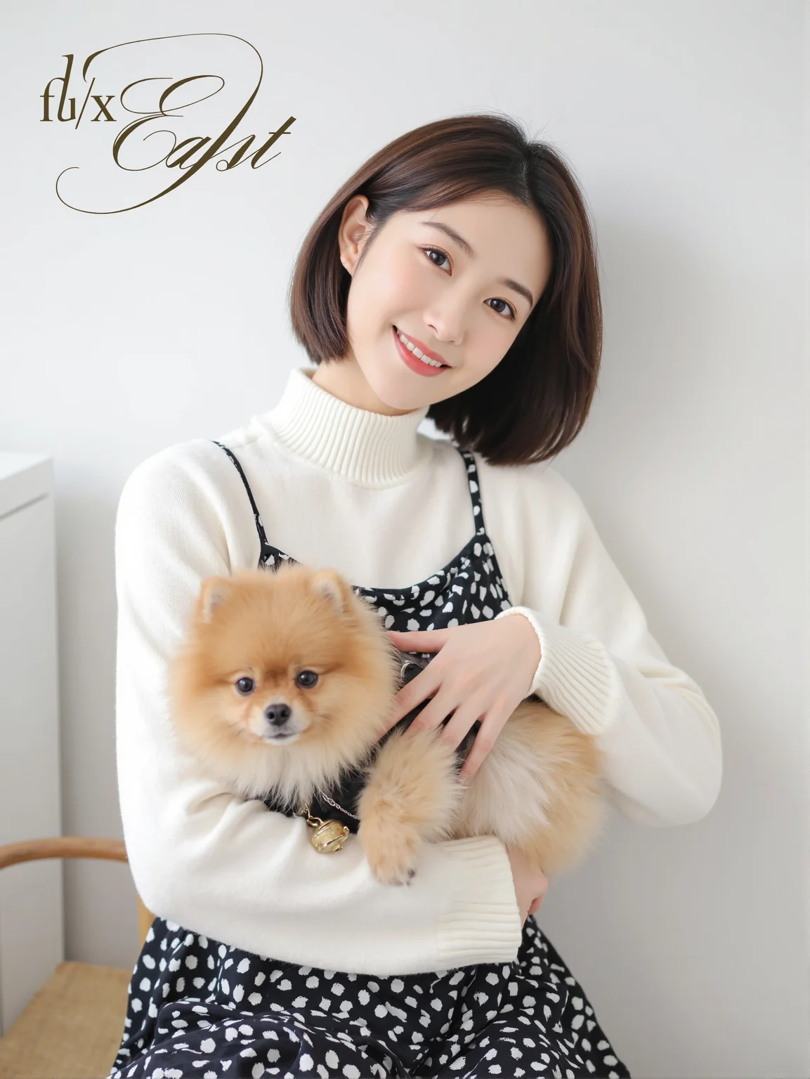 This is a clear and high-resolution everyday photo with a minimalist and natural style. In the picture, there is a woman wearing a white high-neck sweater and a black sundress with white polka dots. She has shoulder-length hair and is smiling as she looks at the camera. In her arms, she is holding a brown Pomeranian dog, which is dressed in a black and white outfit and wears a small golden bell around its neck. The background is an indoor setting with white walls and faint outlines of furniture.
There is a prominent artistic font above the picture, which reads' fluxEast 'in English