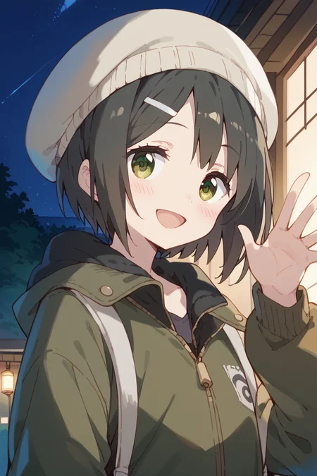 score_9, score_8_up, score_7_up, score_6_up,
<lora:Kaede_Ikeno:1> kaede, 1girl, solo, hat, hair ornament, smile, open mouth, hairclip, blush, beanie, short hair, looking at viewer, waving, night, black hair, green eyes, jacket,