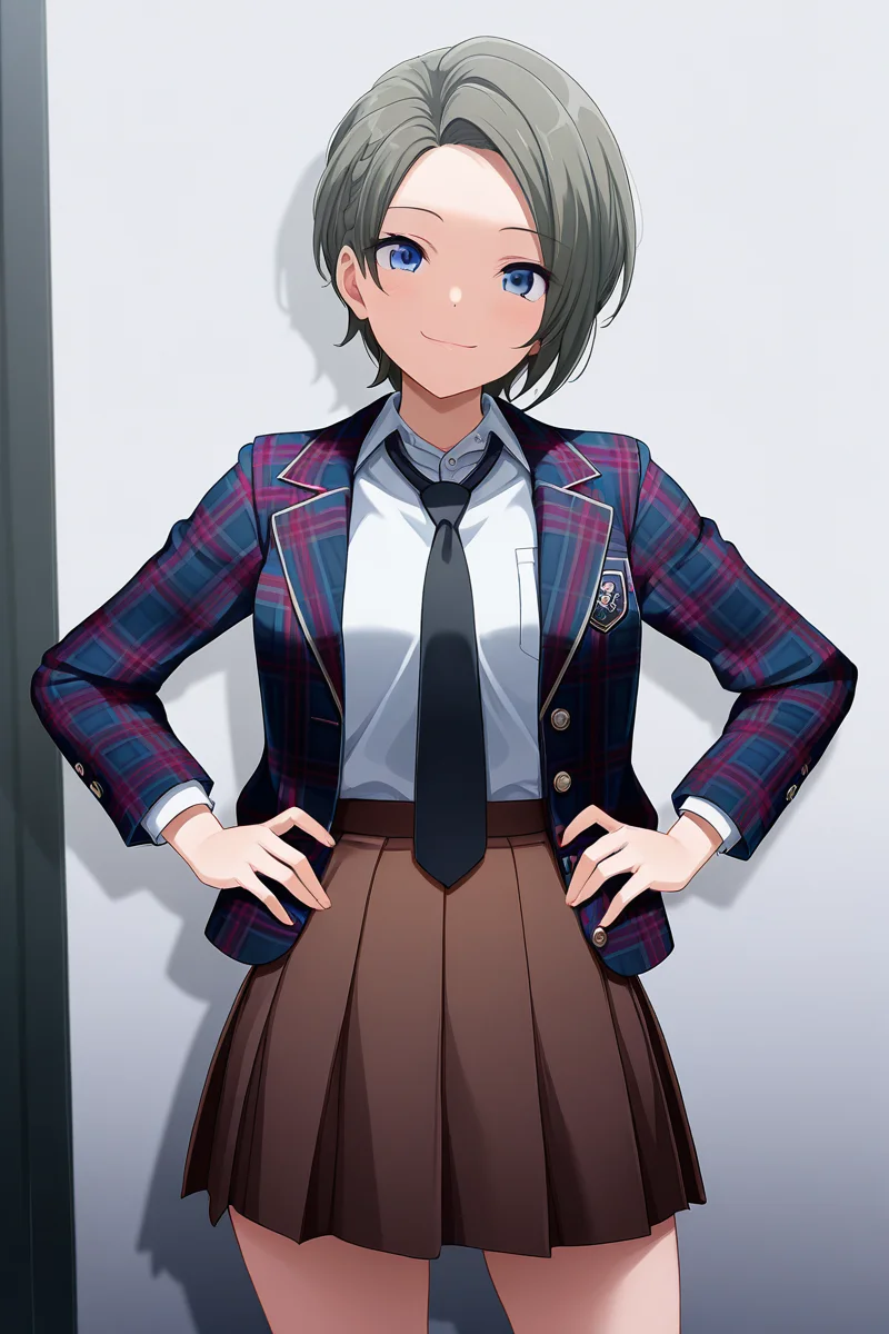 masterpiece, best quality, amazing quality,
<lora:Suzu_IL:1> suzu, 1girl, solo, skirt, necktie, short hair, hands on hips, jacket, looking at viewer, blue eyes, smile, shirt, school uniform, plaid, plaid jacket, cowboy shot, brown skirt, pleated skirt, black necktie, white shirt, open jacket, standing, open clothes