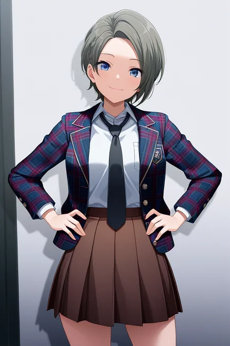 masterpiece, best quality, amazing quality,
<lora:Suzu_IL:1> suzu, 1girl, solo, skirt, necktie, short hair, hands on hips, jacket, looking at viewer, blue eyes, smile, shirt, school uniform, plaid, plaid jacket, cowboy shot, brown skirt, pleated skirt, black necktie, white shirt, open jacket, standing, open clothes