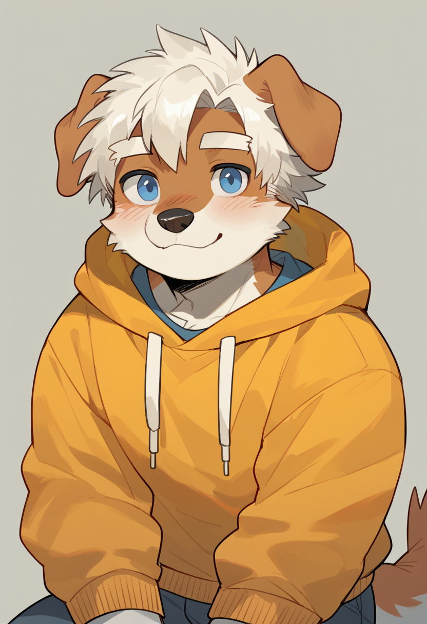 score_9, score_8_up, score_7_up, high quality, hi res, by milkybot, furry, 1boy, solo, dog boy, st bernard dog, blue eyes, brown fur, white eyebrows, tail, happy, floppy ears, yellow hoodie, white hair, short hair, pants, two tone fur, blush, seductive, looking at viewer, simple background, <lora:Milkybot_style:1>