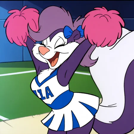 <lora:fifi_illustrious:1>, retro style, screencap, cel shading, masterpiece, best quality, 4k, absurd res, masterpiece, best quality, 4k, absurd res, fifi la fume, 1girl, solo, smile, open mouth, bow, animal ears, standing, tail, closed eyes, hair bow, arms up, blue bow, furry, cheerleader, pom pom \(cheerleading\), holding pom poms, two tone fur, purple fur, white fur, purple hair, skunk girl, furry female, body fur