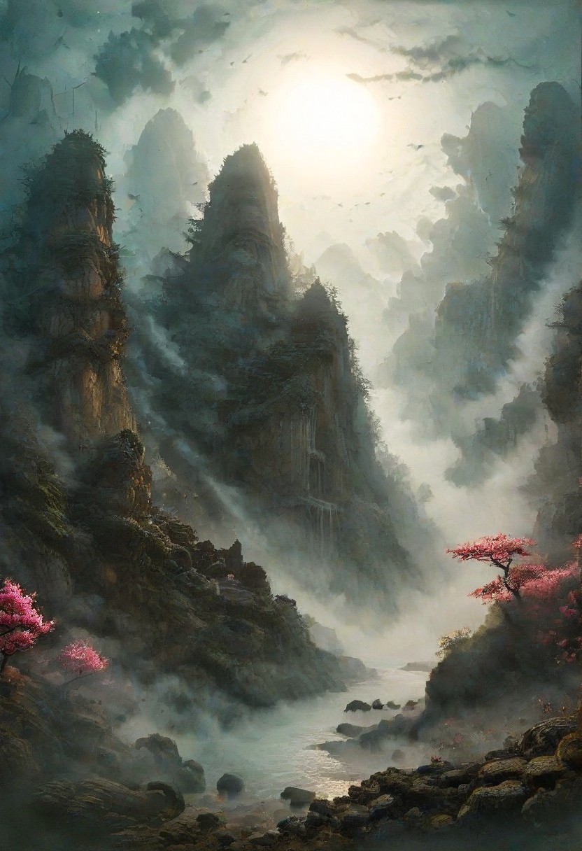 (Ink illustration on parchment, watercolor, novuschroma60 style bokeh, ink splashes, Ukiyo-E). ((watercolor)), ((Chinese landscape)), Pagodas, Red-Trees, landscape focus, small figure off-side, Japanese landscape, Rivers, Lake, Clouds, with watercolor washes, (((sakura forest landscape))), (((mist, waterfalls))), ((pink trees, sakura trees, vivid pink treetops)), (((full moon, moonbeams))), (((endless sakura forests that stretch outward to the horizon))), dotted with the ruins of an ancient destroyed civilization, crumbling stone, degraded buildings and temple, a long magical aurora borealis stretching across the sky, a broken moon high in the sky partially turned into an asteroid belt, a Saturn-like ringed-planet world, flickers of magical energy illuminating the land, in the far distance a giant wall of smoke is rising from the shattered earth in which a multitude of faces are forming and screaming, Ink splashes, rough ink sketch, Ghibli style, high contrast, stylized, dark skin, close up on face, head and shoulder, leather medieval top with lowered hood, Art Nouveau Style, detailxl, BadDream, dioramas,