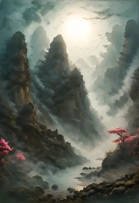 (Ink illustration on parchment, watercolor, novuschroma60 style bokeh, ink splashes, Ukiyo-E). ((watercolor)), ((Chinese landscape)), Pagodas, Red-Trees, landscape focus, small figure off-side, Japanese landscape, Rivers, Lake, Clouds, with watercolor washes, (((sakura forest landscape))), (((mist, waterfalls))), ((pink trees, sakura trees, vivid pink treetops)), (((full moon, moonbeams))), (((endless sakura forests that stretch outward to the horizon))), dotted with the ruins of an ancient destroyed civilization, crumbling stone, degraded buildings and temple, a long magical aurora borealis stretching across the sky, a broken moon high in the sky partially turned into an asteroid belt, a Saturn-like ringed-planet world, flickers of magical energy illuminating the land, in the far distance a giant wall of smoke is rising from the shattered earth in which a multitude of faces are forming and screaming, Ink splashes, rough ink sketch, Ghibli style, high contrast, stylized, dark skin, close up on face, head and shoulder, leather medieval top with lowered hood, Art Nouveau Style, detailxl, BadDream, dioramas,