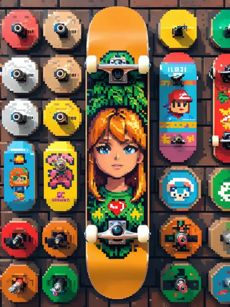 EdobSkate,skateboard designed with classic 8-bit pixel art video game characters, with a background of a pixel art video game level, complete with coins and power-ups <lora:EdobSkate_XL_v1.0:0.8>, <lora:pixel_art:0.7>, best quality, uhd, 8k, detailed