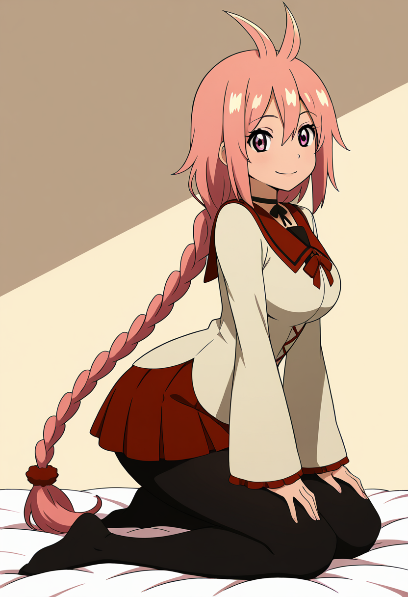 masterpiece, best quality, solo, curvy, beautiful eyes, large breasts, aged up, narrow waist, wide hips, 1girl, solo, smile, looking at viewer,   zzKaede, pink eyes, hair between eyes, ahoge, antenna hair, long hair, pink hair, single braid,  school uniform, choker, sleeves past wrists, red skirt, black pantyhose,   ,<lora:KaedeByKurumiErika_IXL:1.0>, kneeling, side view, hand on thigh, smile, looking at viewer,
