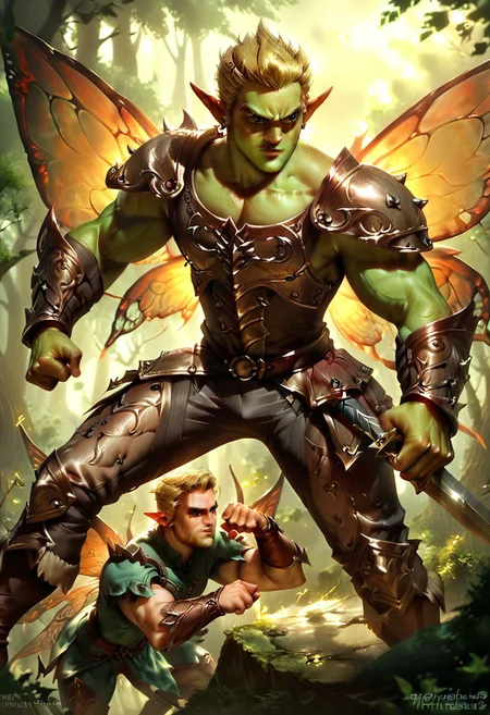 score_9, score_8_up, score_7_up, score_6_up, concept art, realistic, dark theme, low light, a male demon, blonde hair, green skin, black eyes, small eyes, perfecteyes round face, pointed ears, big fairy wings, wearing a brown armour, armour pants, fighting with a sword, in a magic forest, male focus, male only