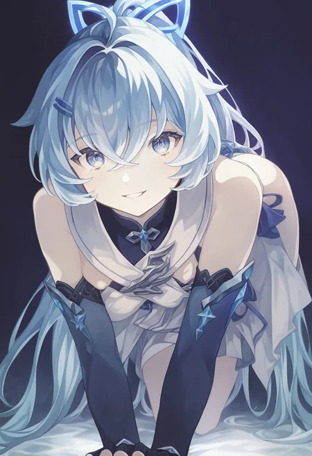 shigure_kira, 1girl,solo,long hair,breasts,looking at viewer,smile,bangs,blue eyes,hair ornament,blue hair,ponytail,fingerless gloves
,[by hotatenshi],
,action pose,best quality, very aesthetic,from below,on all fours
 <lora:sigureXL_08-000040:0.85>