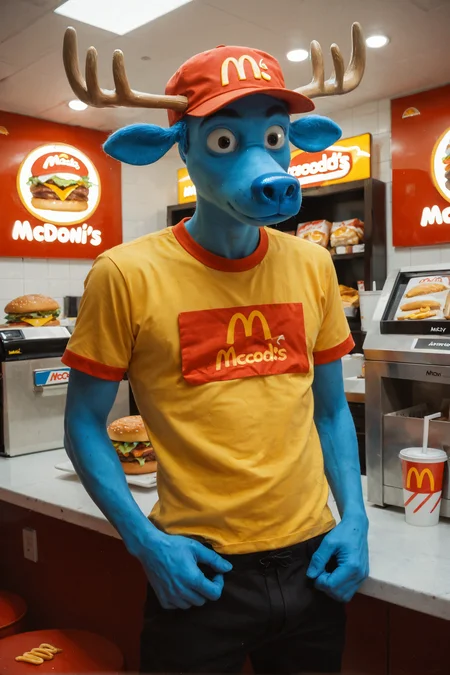 score_9, score_8_up, score_7_up, source_photo, 1boy, solo, Lumpy, tall, blue skin, uneven antlers, big nose, moose, circular eyes, thin, slim, skinny, (mcdonalds uniform:1.3), mcdonalds cap, black pants, mcdonalds, (behind counter:1.3), cash register, natural lighting, five fingers,