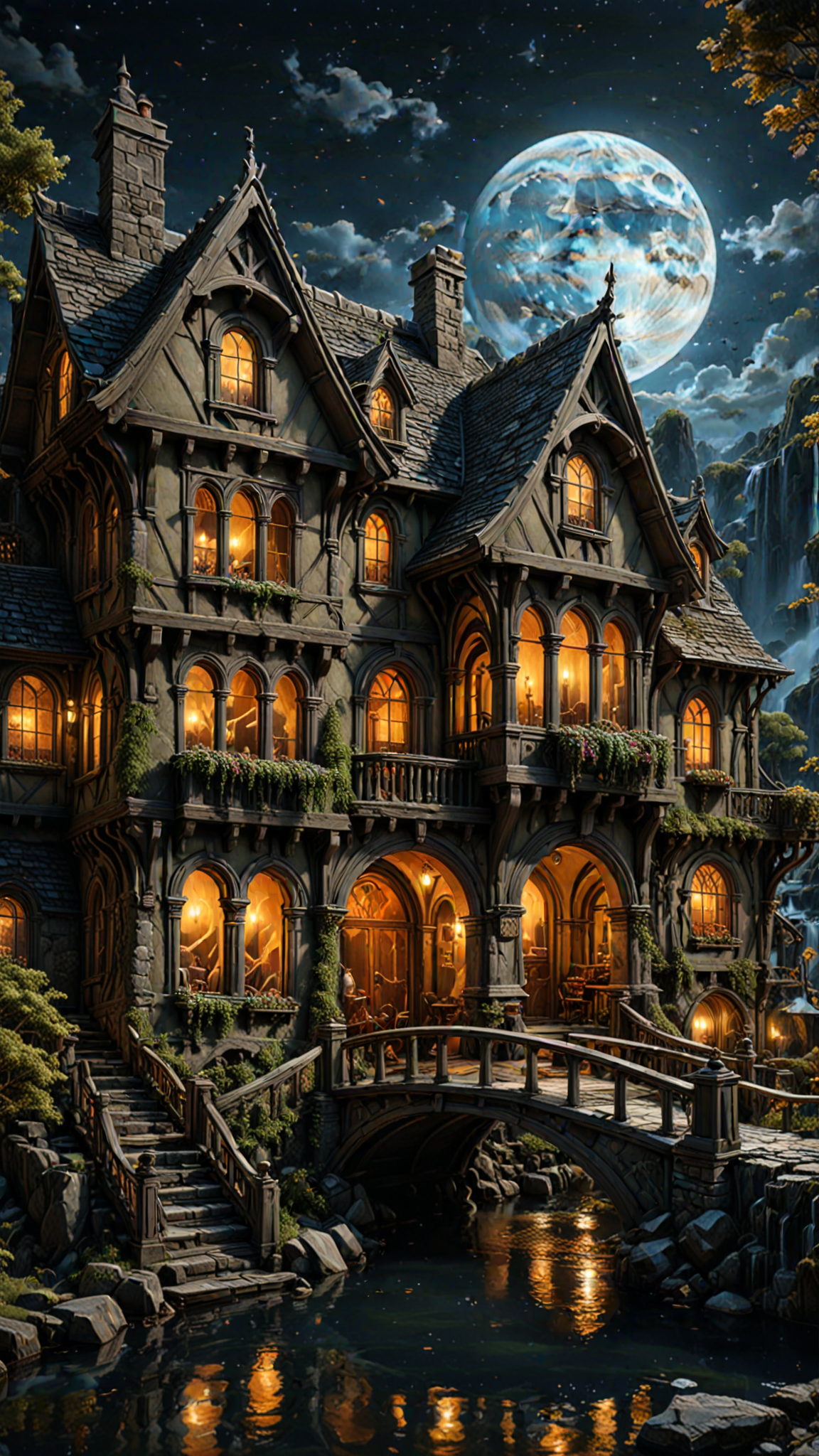 photorealism, intricate details, extremely detailed, masterpiece, masterpiece, Outstanding intricacies, best quality, hires textures, high detail, incredibly detailed, Cinematic Lighting, at night, A hobbits Mansion, River, Bridge, waterfall, Large Marble Moon, intricately detailed, true masterpiece, UHD, vibrant neon, studio quality Overall Detail, Painstaking attention to details, Epic, UHD , <lora:3D_Framed_Wall_Art_-_By_DICE:1>. (3D Framed, Moon), (Use Dream Diffusion Secret Prompt)
