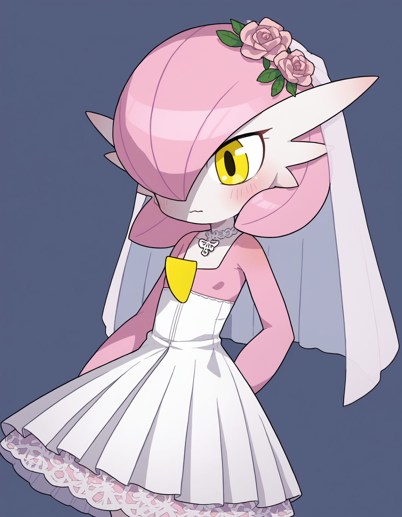zPDXL, score_9, score_8_up, score_7_up, source_anime,
1girl, solo, bride wearing Lace sweetheart bodice, satin trumpet skirt with lace overlay, lace pumps, wedding veil with lace, heirloom pendant,  <lora:PossumMachine_v2:0.8> possmach, <lora:Petunia_v2-10:0.8> petunia, pink hair, pokemon \(creature\), colored skin, gardevoir, short hair, white skin, flat chest, alternate color, yellow eyes,