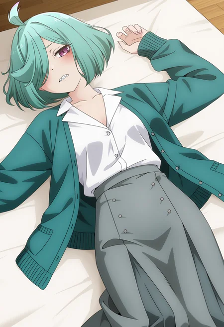 Anemo Nemo, solo, teeth, shirt, skirt, lying, white shirt, on back, sharp teeth, looking at viewer, collared shirt, ahoge, long sleeves, long skirt, cardigan, open clothes, grey skirt, blush, aqua hair,<lora:Anemo Nemo_illustrious-000036:1>