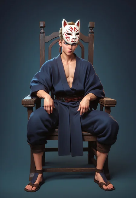 score_9,score_8_up,score_7_up,score_6_up, 1boy, young boy,(handsome, cute) solo, blue eyes, blond hair, ((fox mask on face)), sitting on sci-fi chair, (muscular body:0.9)), Sci-fi Environments, Sci-fi chair, jedi robe, belt, brown clothes, robe, coat, 1boy, male focus, full body,