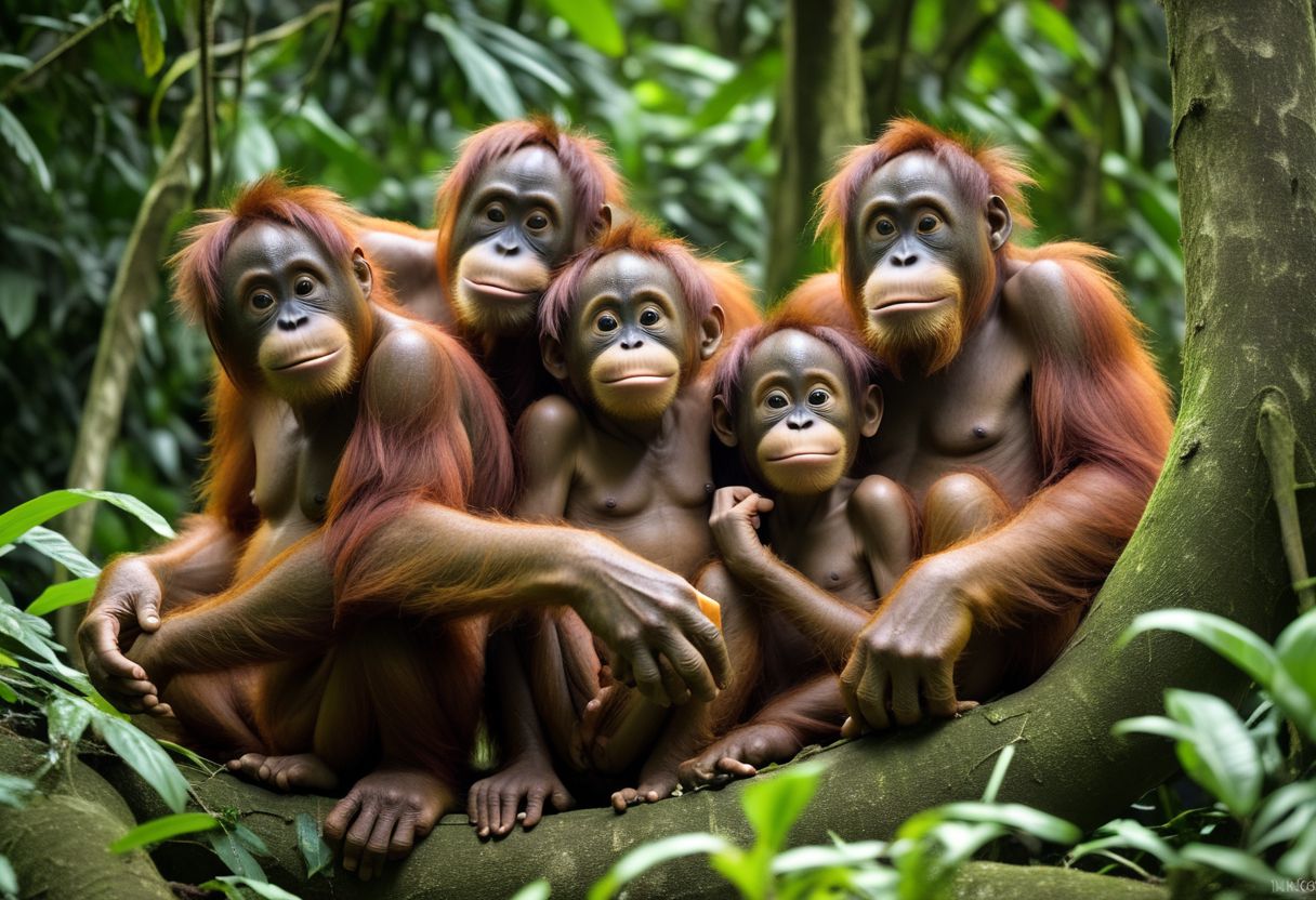 artrngtn, sumatran orangutan  youngsters playing in the jungle with mommma watching